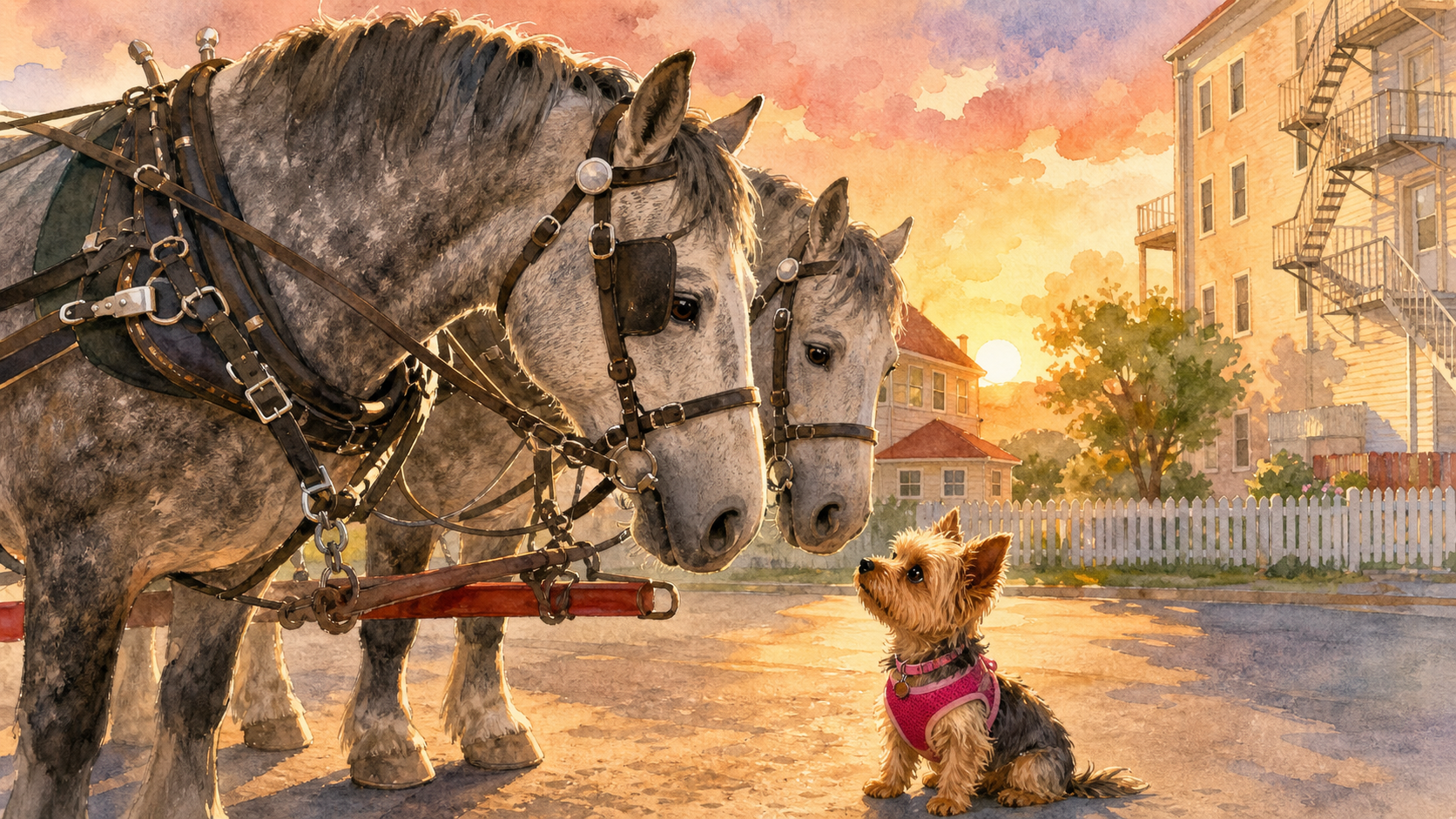 Ava meeting the horse dogs of Mackinac Island